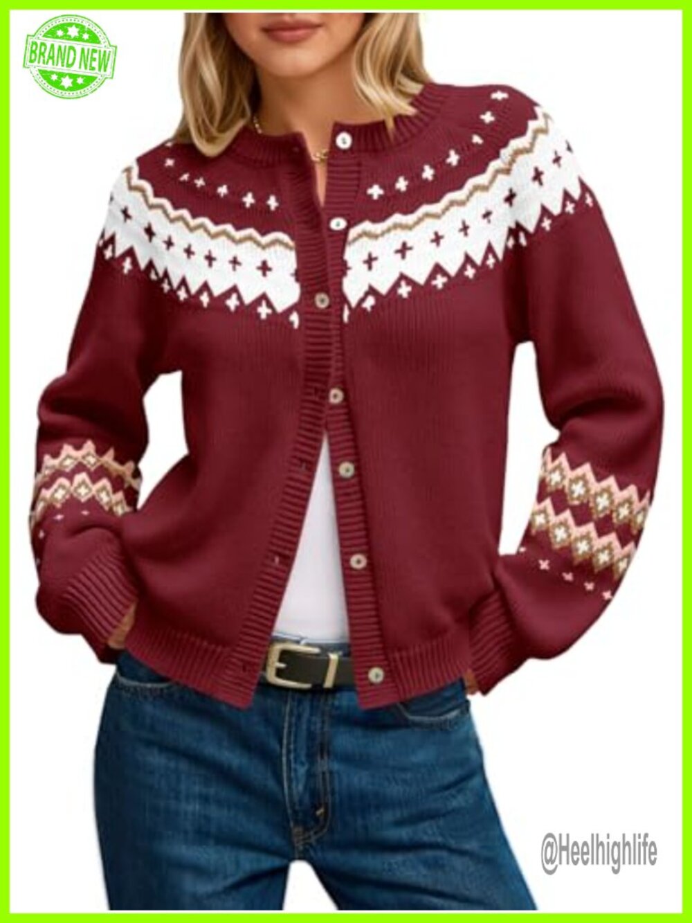 Fair Isle Button Up Cardigan Long Sleeve Crew Neck Open Front Knit Sweater Coat